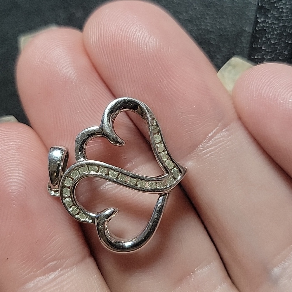 925 Sterling Silver Double Heart Necklace Pendant 22 Diamonds 1/5 Karat